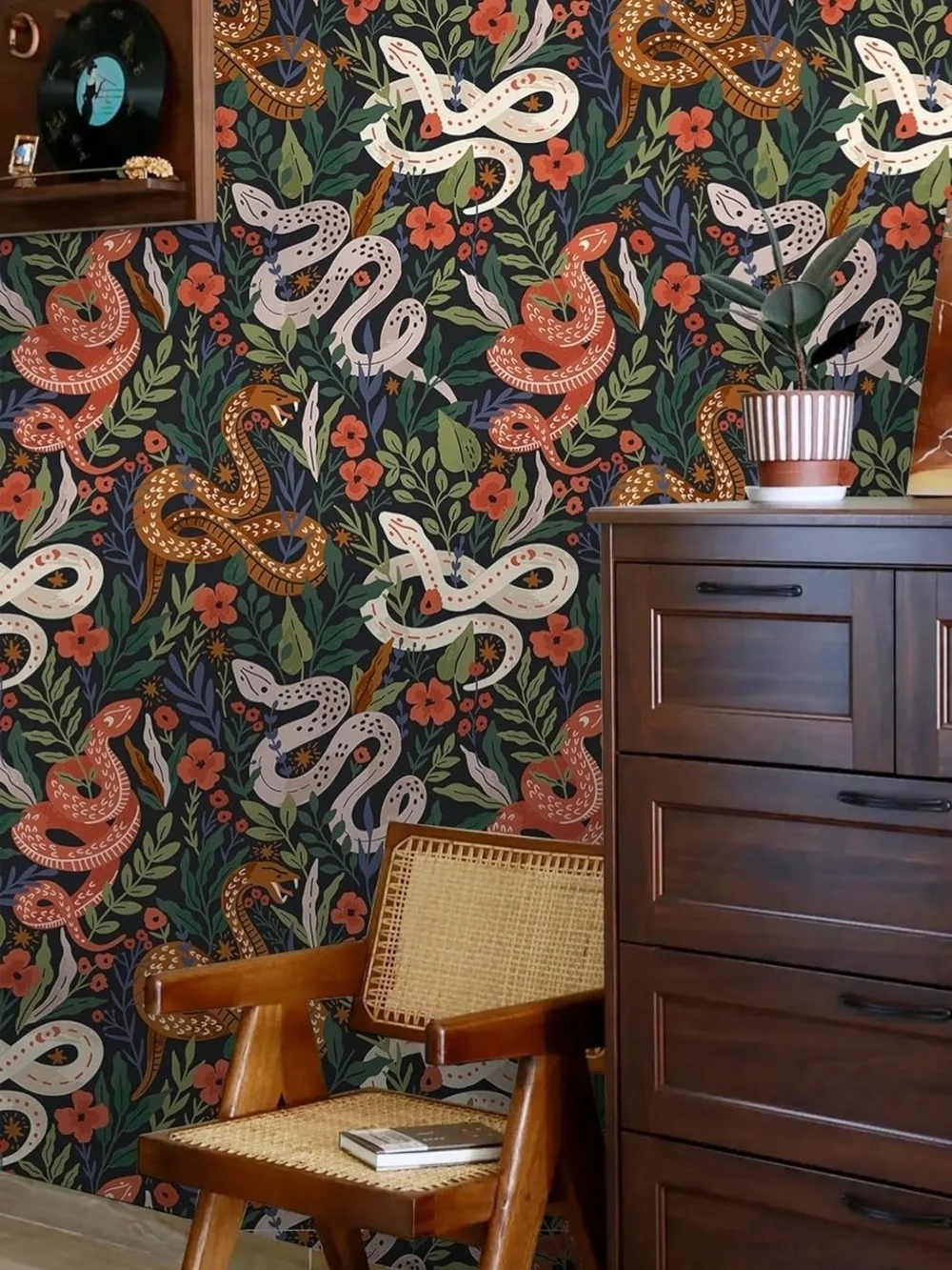 HAOKHOME Snake Wallpaper Peel & Stick Whimsical Forest Jungle Floral 9.8' X 17